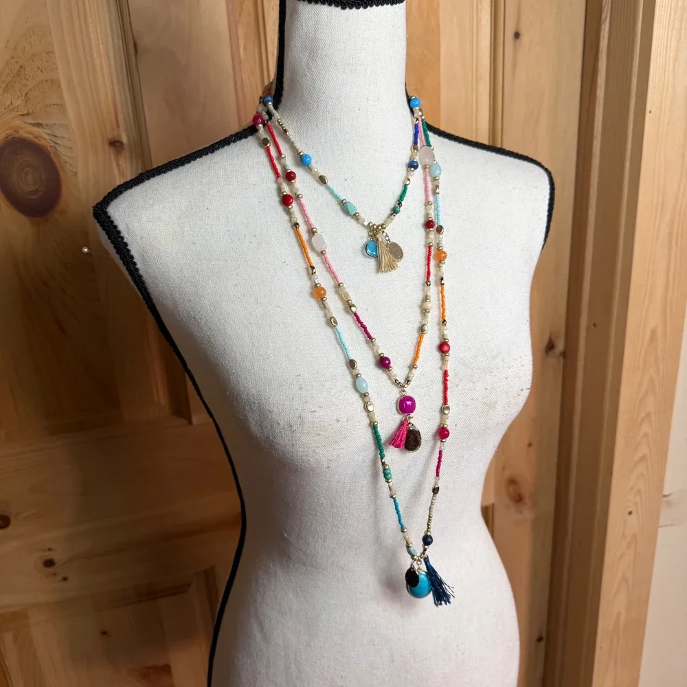 Chico's‎ Triple Strand Boho Layered Necklace Beaded with Tassels & Charms
